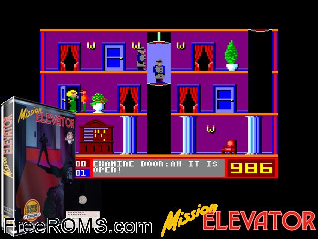 Mission Elevator (UK) (1986) [a1] Amstrad CPC game showing 3D box cover and gameplay screenshot
